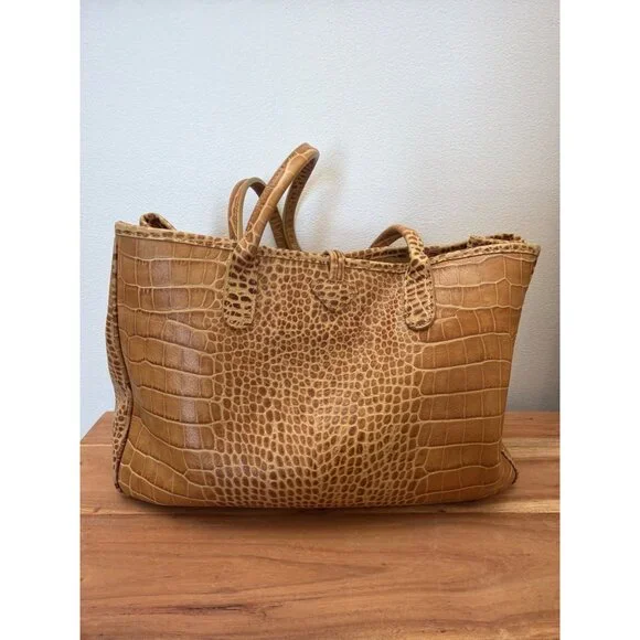 Longchamp Tan Croc-Embossed Roseau Leather Tote Handbag With Silver Toggle Closu